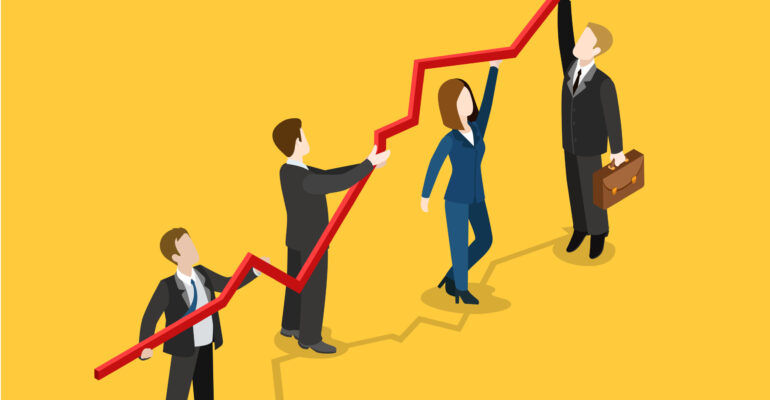 Flat 3d isometric profit indicator growth concept web infographics vector illustration. Businesspeople holding rising red graphic line with arrow. Creative people collection.